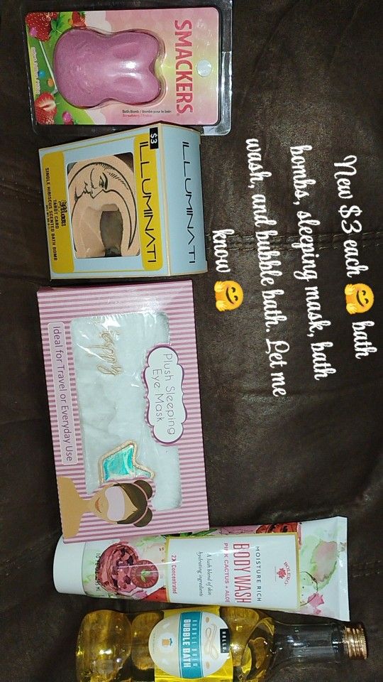 New NUEVOS bath bombs, sleeping face mask, body wash, and bubble bath. $3 each $3 Cada Uno.