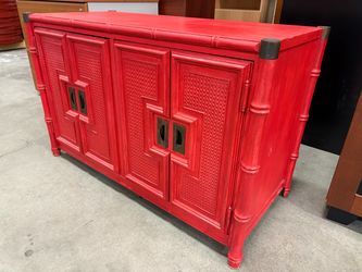 STANLEY Vibrant Red Painted Chinoiserie Buffet with Brass Accents