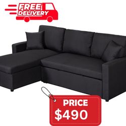 Black Linen Fabric Reversible Sleeper Sectional Sofa with Storage Chaise  - Free Delivery ✅