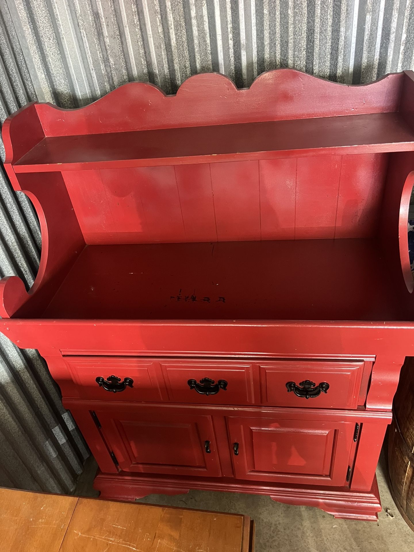 Red Wood Hutch Cabinet With Drawer And Storage