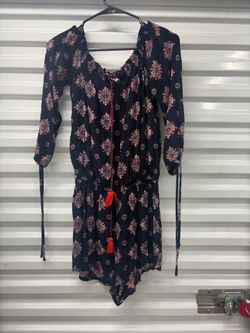 Brave Navy/Orange Romper XS 3/4 Sleeve V-Neck Button Front Drawstring