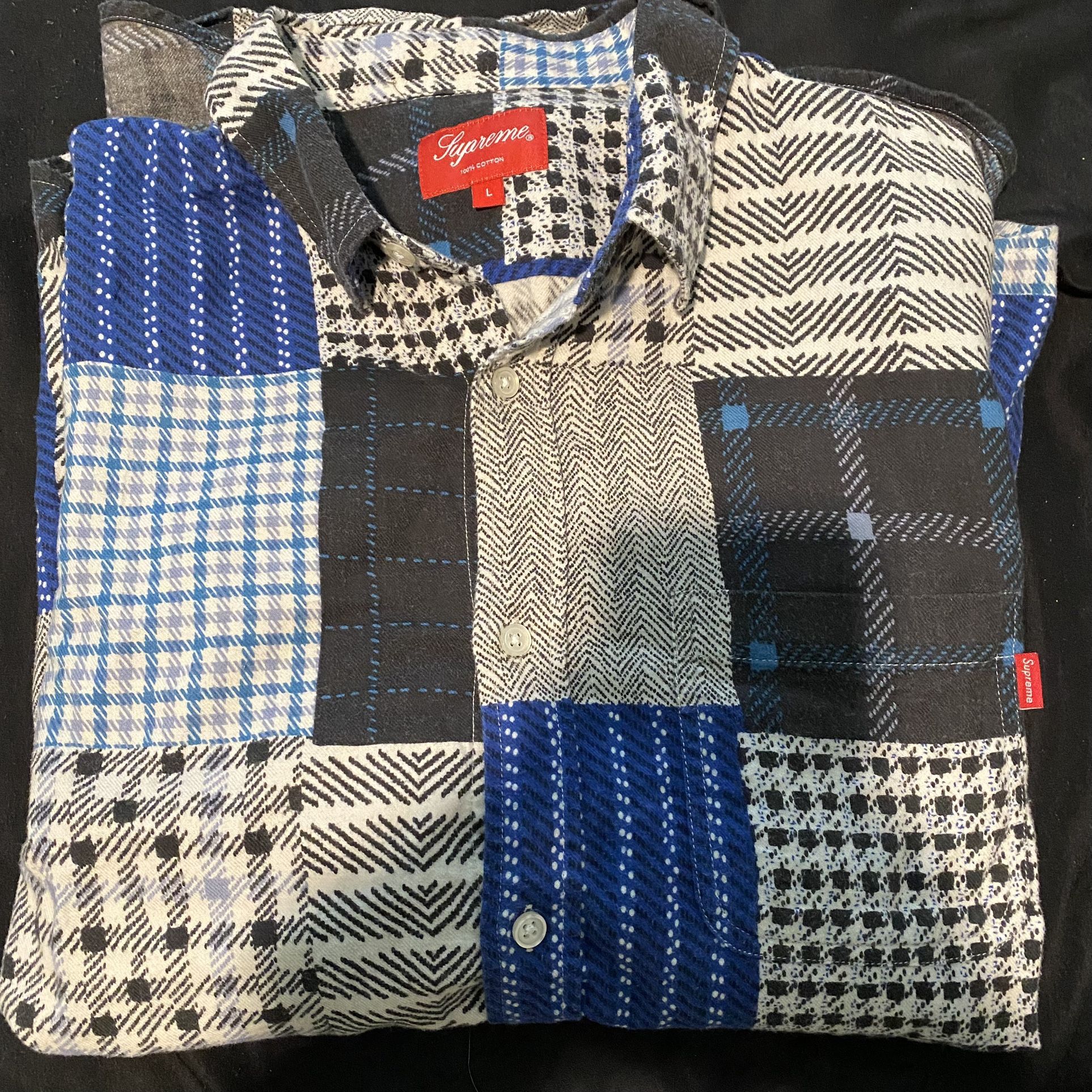 Supreme F/W 15 Patchwork Flannel Black/blue, Size Large
