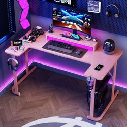 59 inch Gaming Desk U-Shaped with LED Lighting, Monitor Stand, LED Lighting, Headphone Hooks & Cup Holder - Pink Carbon Fiber