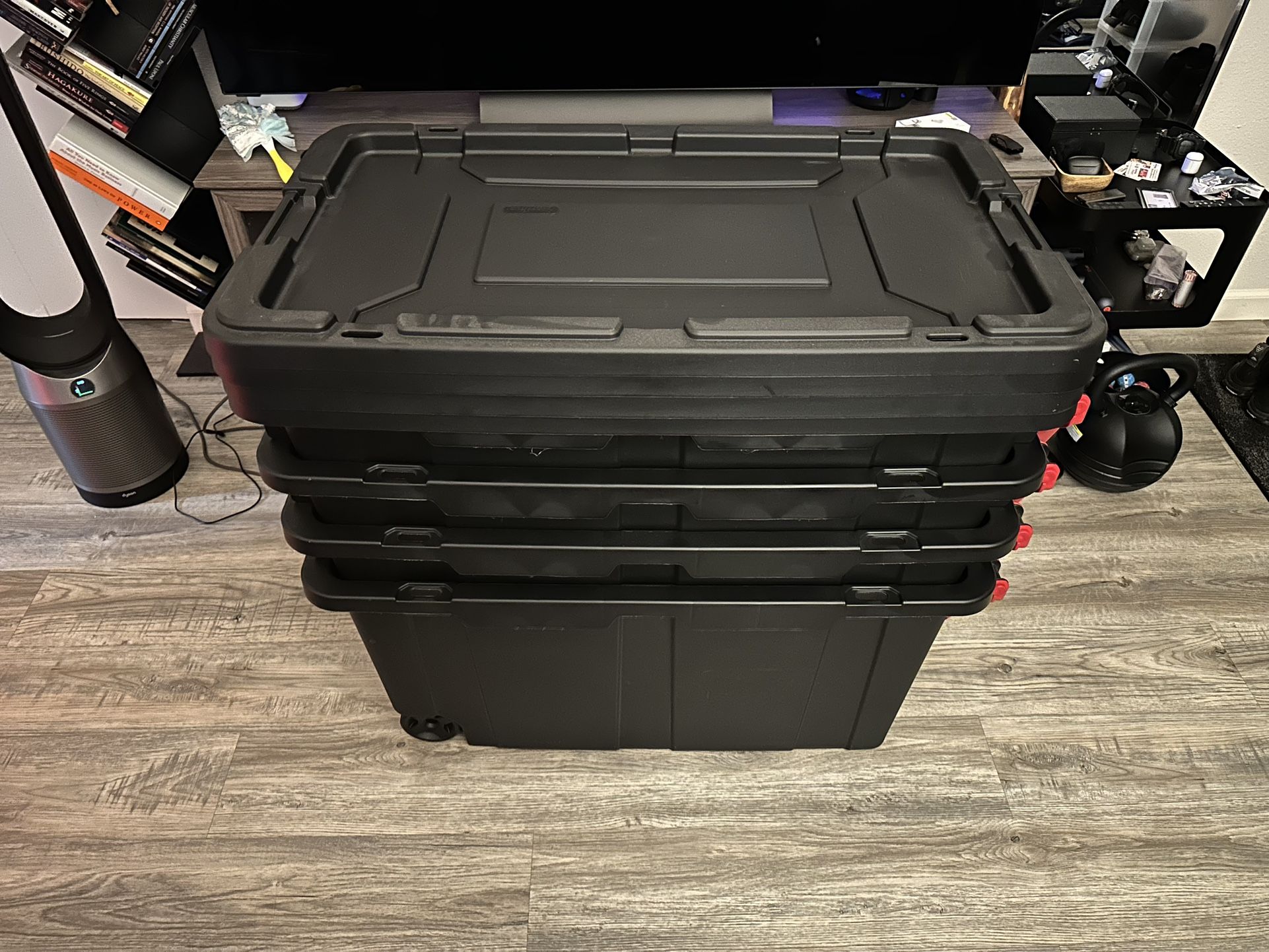 Sterilite 4-Pack Industrial Tote, Heavy-Duty Storage Bins w/Lids and Wheels, 40 Gallon - Stackable Organizing Containers for Home, Garage, Office, and