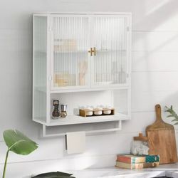 Going Out Of Business Sale 
BRAND NEW 
I23.62" Glass Door Wall Cabinet with 2-Tier Enclosed Storage, Open Shelves and Towel Rack, White - ModernLuxe