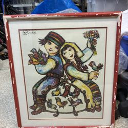 Framed Lithograph Boy and Girl Sitting on a Bird Cage signed by Jovan Obican 