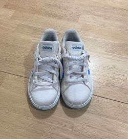 Adidas White Low-Top Sneakers with Blue Stripes