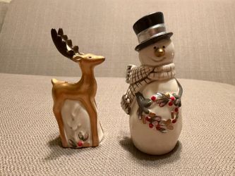 New Fitz and Floyd Wintry Woods Snowman & Deer Salt and Pepper Shaker Set