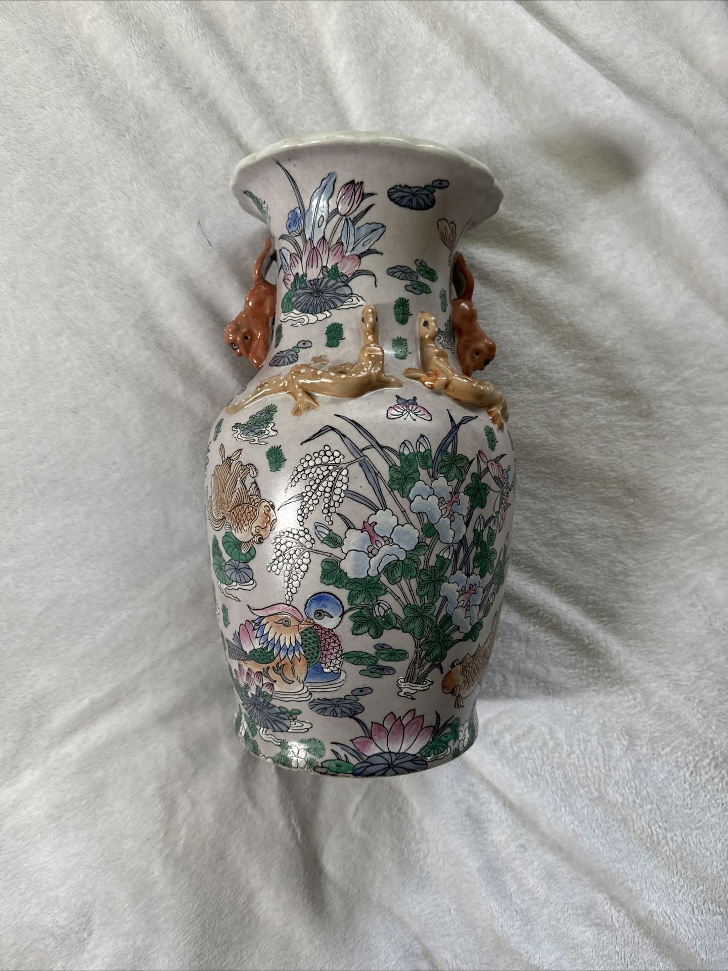 Chinese Famille Rose Porcelain Vase with Dragons & Lotus Motif, Red Seal Mark