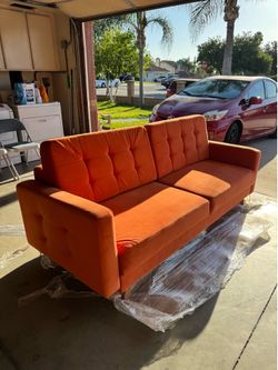 Orange Vegas Queen Sleeper Sofa Bed with Storage – Mid-Century Modern