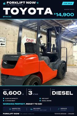 DIESEL TOYOTA 8FDU30 forklift for sale,6600 lb, 3 stage, side shift