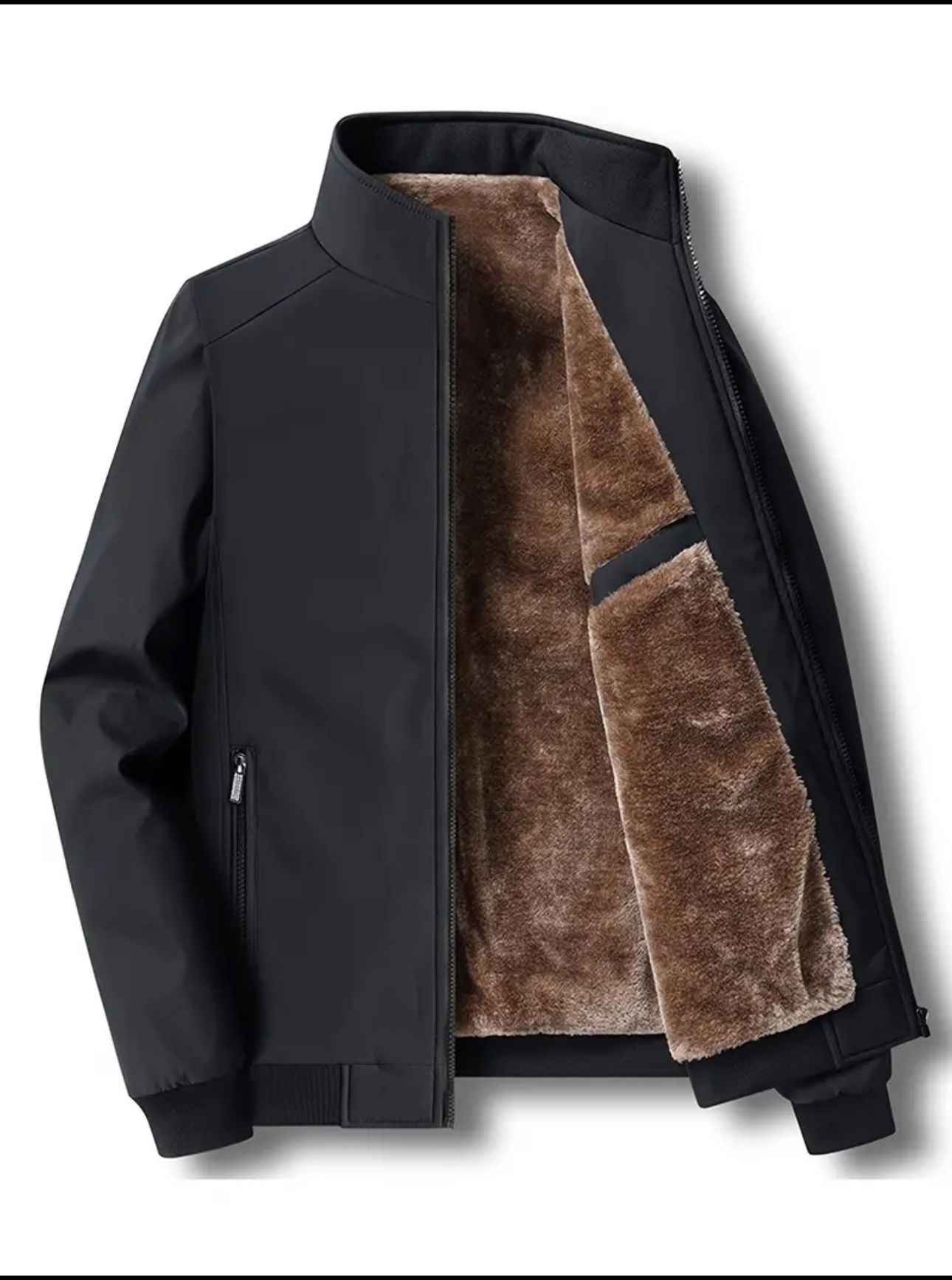 Mens Polyester Bomber Jacket with Stand Collar - Warm, Non-Stretch Fleece