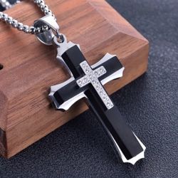 Uniquely Crafted Multi-layer 2-Tone Black Silver CZ Cross Pendant With 20" Black Ball Chain Necklace 