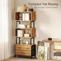 7 Tier BookShelf, Tall Geometric Bookcase with Fabric Drawers, Modern Display Book Shelves Book Case for Living Room Bedroom, Wood Decorati