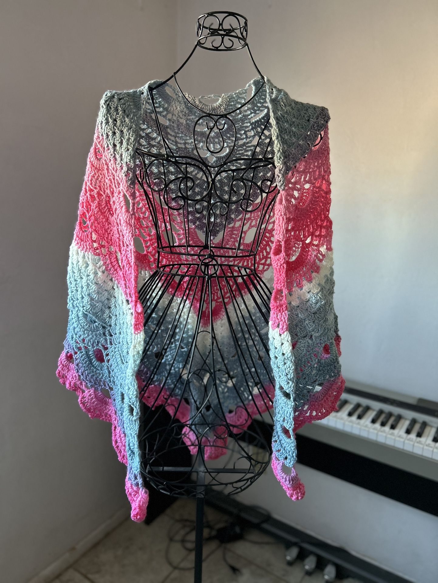 Crochet Triangular shawl With Pinks Blues and white