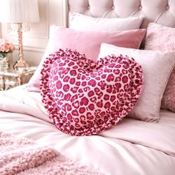 Isaac Mizrahi Women’s Heart Shaped Ruffle Trimmed Cheetah Pattern Pillow 14”