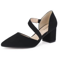 Black Women's Pumps Closed Toe Strappy Heels Low Block Chunky Heels Dressy