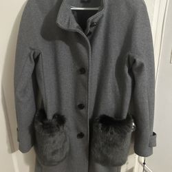  DKNY Wool Coat With Faux Fur Pockets *brand New*