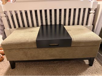 Olive Green Corduroy Storage Ottoman Bench with Removable Wooden Tray