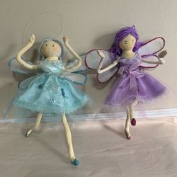 2 Vintage Sparkling Fabric Fairy Dolls Glitter Wings Hanging Decor Teal Lavender