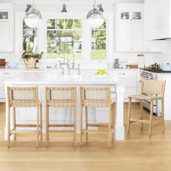 LUE BONA Counter Height Bar Stools 24inch, Faux Leather Woven Counter Stool with Backs, Woven Strips Rattan Barstools with Wood Legs for Home