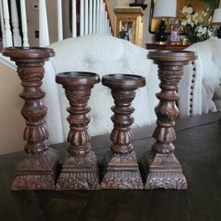 4 Wood Carved Candleholders