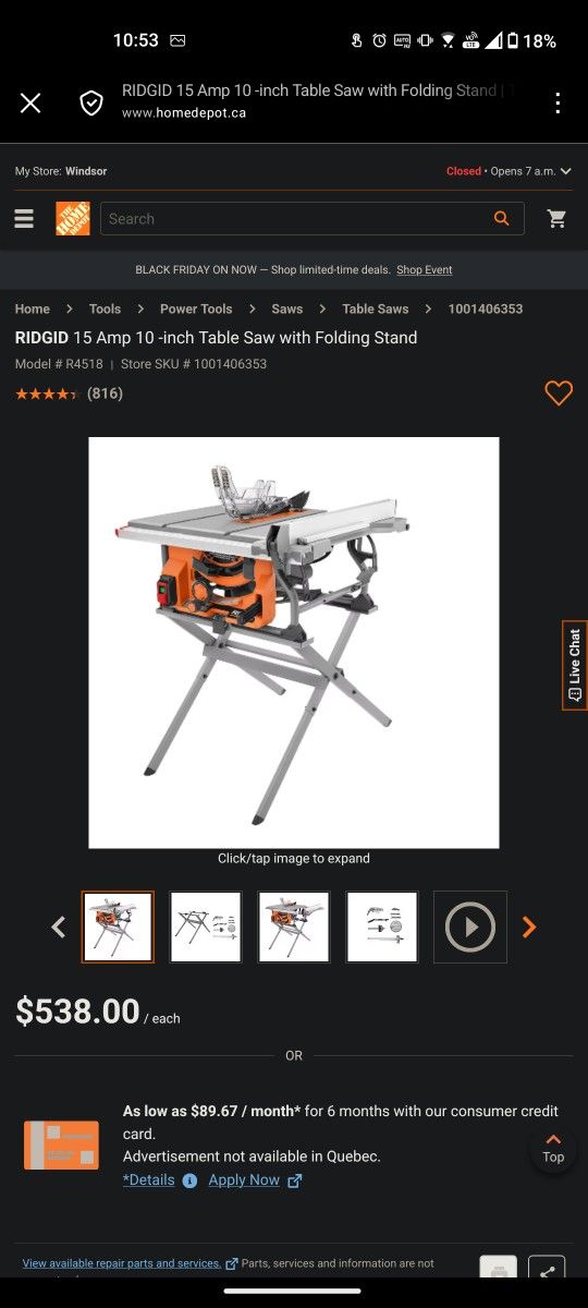 RIDGID 15 Amp 10 in. Table Saw with Folding Stand. 