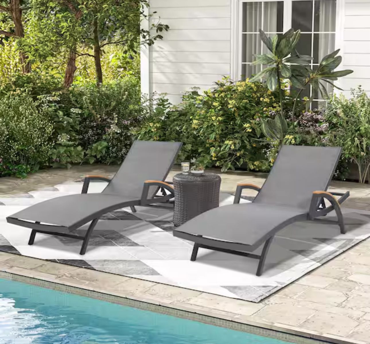 2-Piece Aluminum Outdoor Chaise Lounge with Teak Armrests