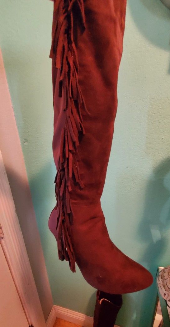 Brown Suede Like Boots..size 8 Womens..knee High Boots..stretchy Material...like New With Fringes