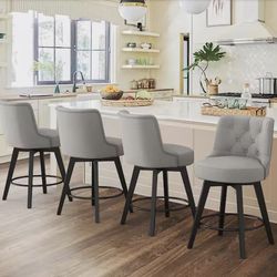 Rowland 26.5 in Seat Height Gray Upholstered Fabric Counter Height Solid Wood Leg Swivel Bar stool（Set of 4）