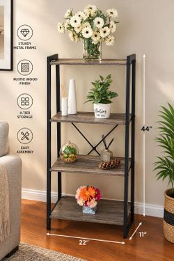4-Tier Industrial Bookshelf – Rustic Wood & Metal Storage