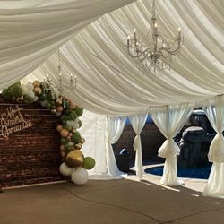 Drapes /tent/chandelier /tables/resin Chairs / Tablecloth 