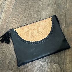 Handmade leather ipad case.  Half Mandala print with black leather. Made in Bali. Large Clutch Purse