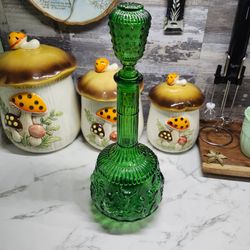 Vintage Empoli Italian Green Glass Zodiac Genie Bottle Decanter with STOPPER 13"