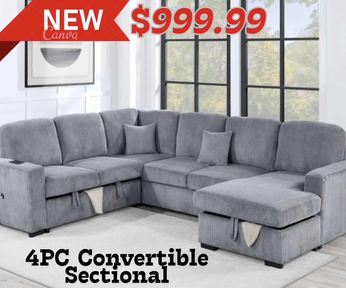 New Fog Gray Sleeper Sofa With Chaise Storage & Usb Port