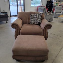 Brown Riveted Armchair W/ Ottoman