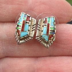 Navajo David Benally Sterling Multi Stone Turquoise Opal Coral Inlay Earrings