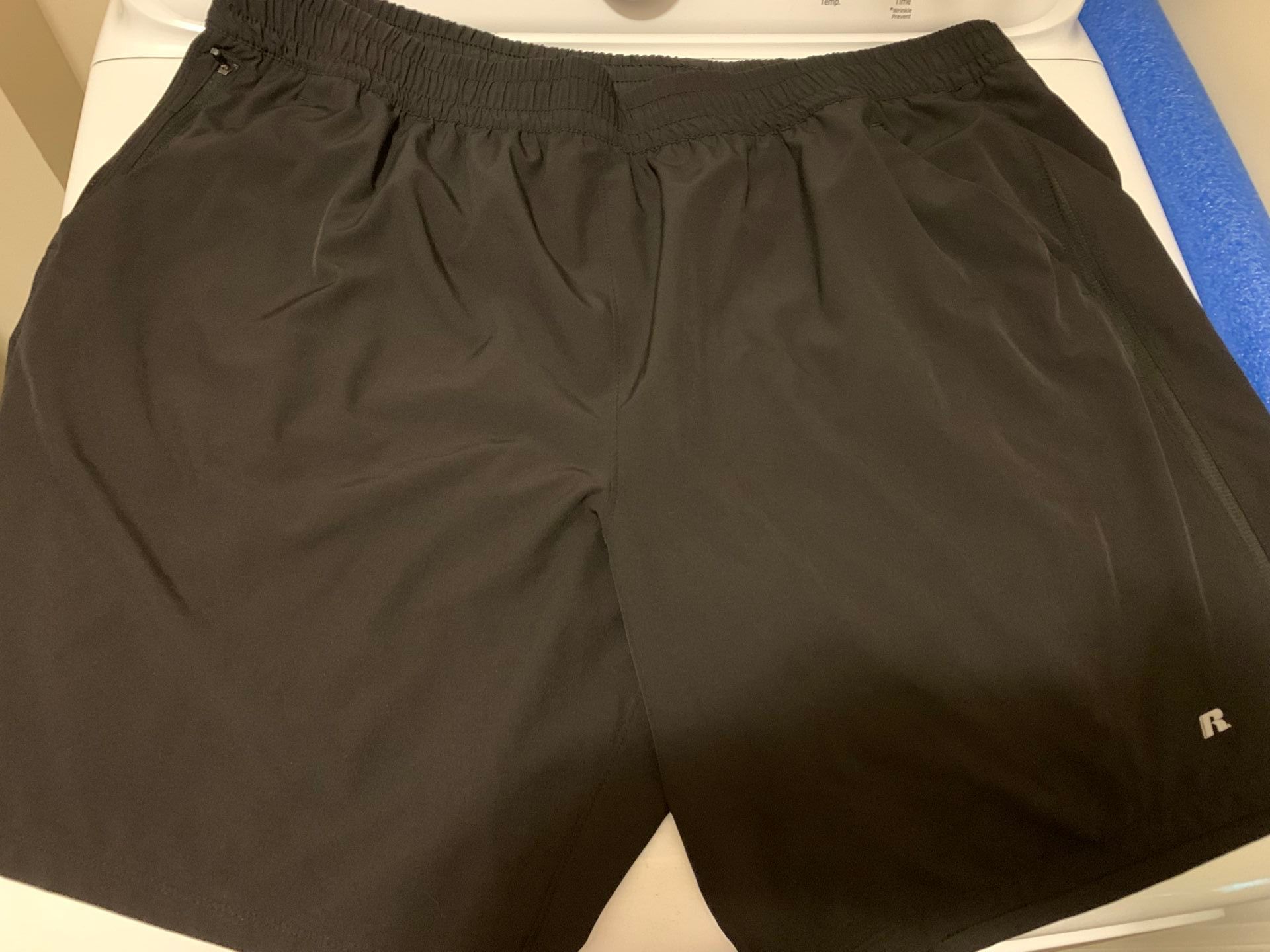 Men’s Russell Brand Black Training Shorts W/attached Underwear, Size 2XL. Black, Zippered Pockets, Performance Fabric, Soft/Flexible