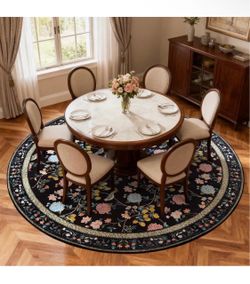 Brandnew 8ft Round Rug, Washable Floral Rug Non Slip Soft, Black