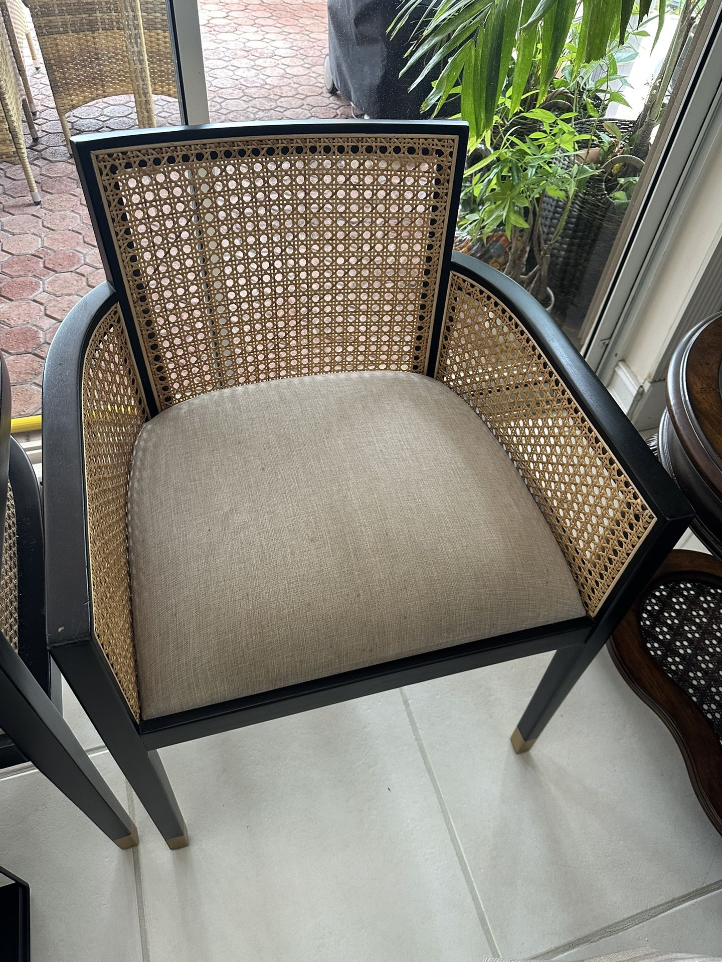 Set of 2 World Market ‘Fynn’ wood & cane back dining armchairs