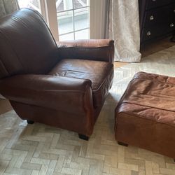 Natural Leather Walnut Brown Armchair and Ottoman