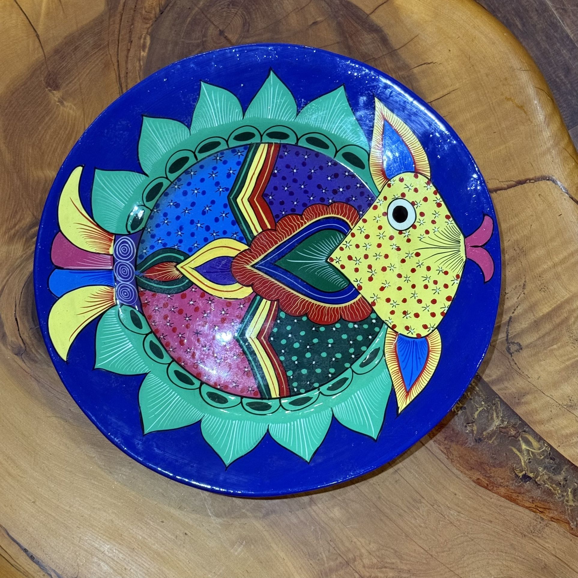 Colorful Hand-Painted Fish Wall Plate • 15” Decorative Folk Art Pottery