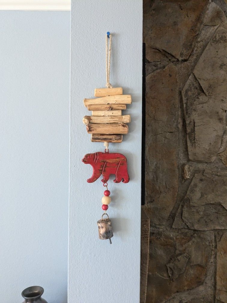 Solid Oakwood Rustic Winderness Theme Bear Wind Chime w Bells. Handcrafted 18". Jasper National Park. Nature Inspired!

Add a touch of rustic charm to