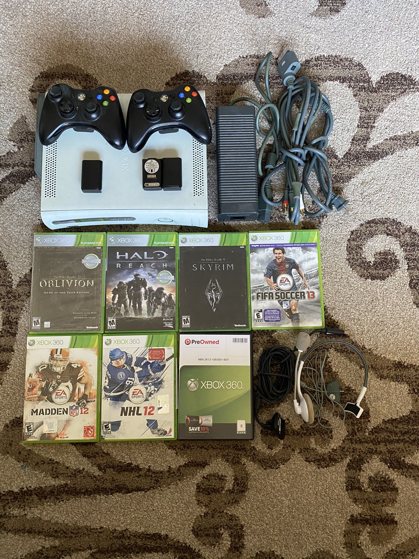 Xbox 360 with 2 controllers, games, and headset