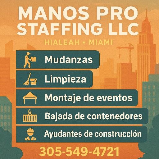 🚚 Moving Help – Cleaning – Event Setup – Labor (Hialeah/Miami)
Manos Pro Staffing LLC offers professional and affordable workers for:
✔️ Moving and
