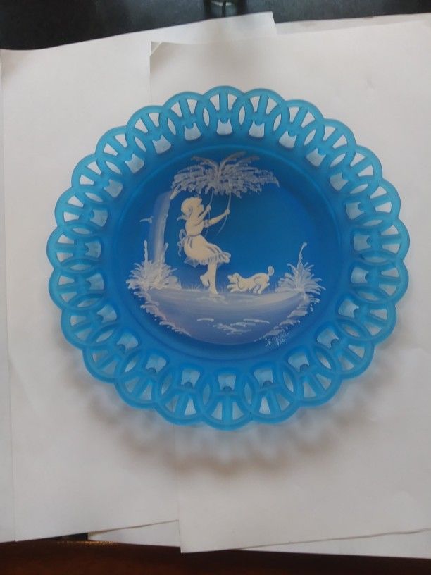 Vintage Glass Lattice Blue Glass Hand Painted Mary Gregory Theme Signed S Miller