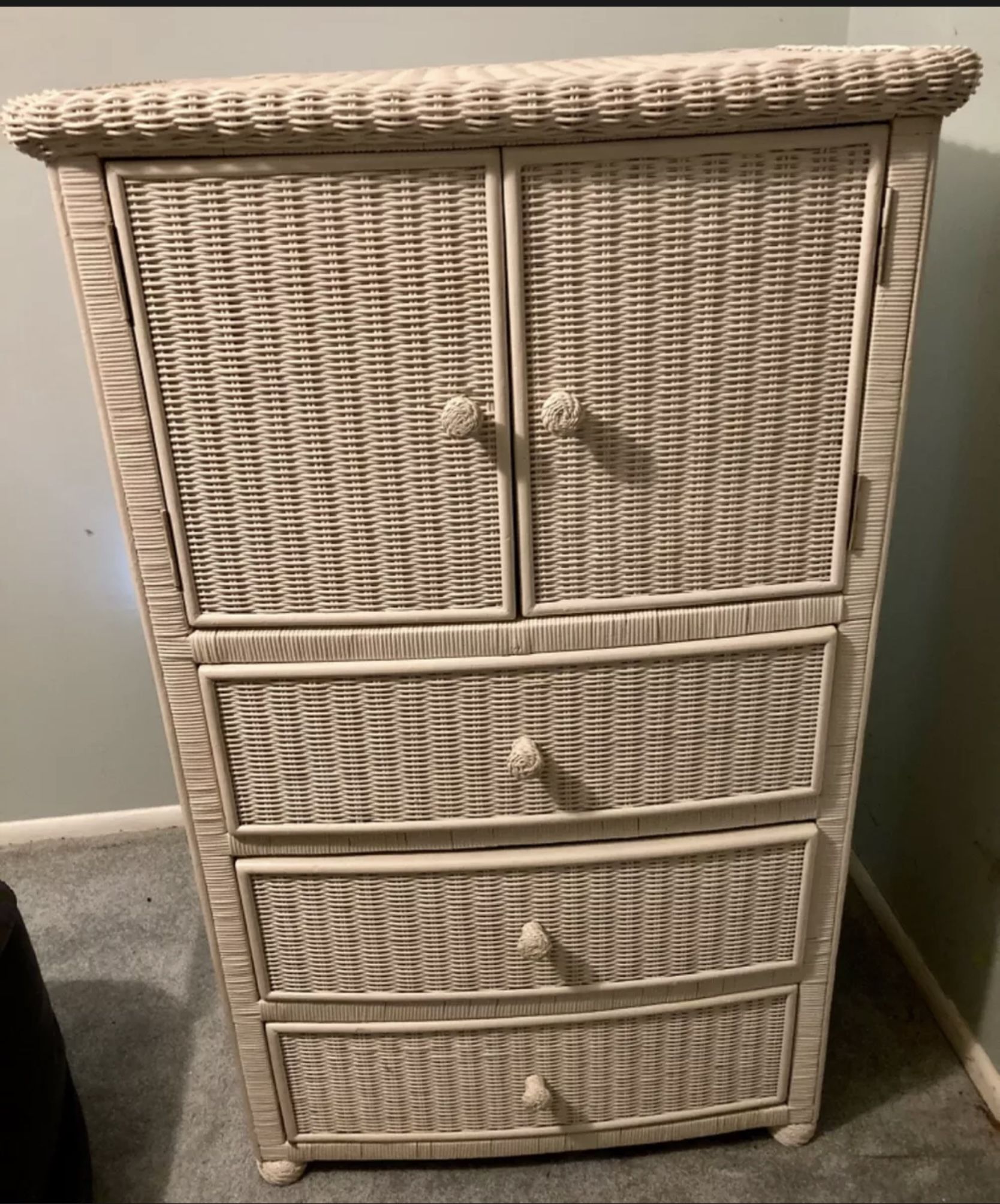 White Wicker Desk With Glass Table Top, Wicker Dresser/ Cabinet, Wicker Nightstand And Bookshelf