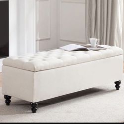 Upholstered Ottoman with Button-Tufted Storage Bench, Large Bedroom Bench with Safety Hinge, 51-inch Ottoman for Bedroom and Living Room (Ivory)
