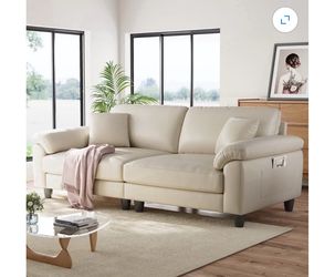 83" Couch Premium PU Leather Sofa, Comfy Extra Deep Seat 3 Seater Couch for Living Room, Beige