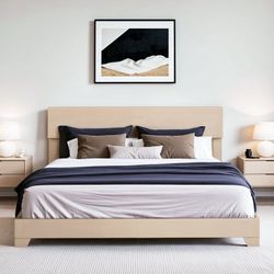 King Size Beige Fabric Upholstered Bed Frame with Adjustable Headboard, No Box Spring Needed, Low